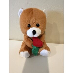 Brown Teddy Bear Plush Holding Red Rose 9" Stuffed Animal Cute Gift
